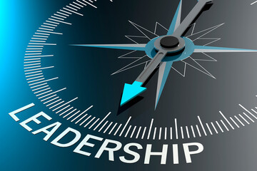 Compass needle pointing to leadership word