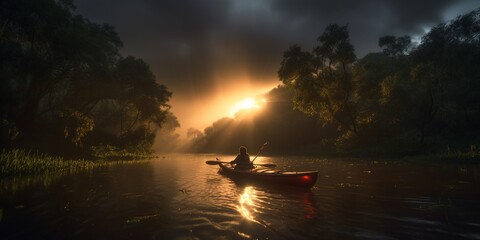 Kayaker on the Lake. Kayak Paddling. Kayaking. Water Sport and Recreation. Generative AI. Kayak tourists traveling on the river. Dark atmosphere. Water