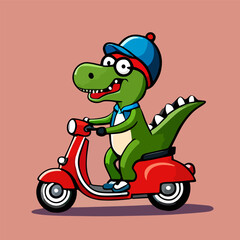Dino is happily riding a motorcycle, flat cartoon design, premium and simple vector art
