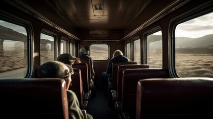 Train journey, interior of a train. People looking through the window, travel concept. Generative AI