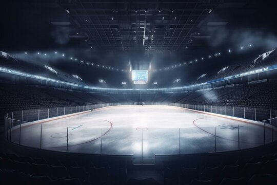 Empty ice rink and illuminated stadium with fans, front playground view. Professional ice hockey sport 3D render illustration background. Generative AI