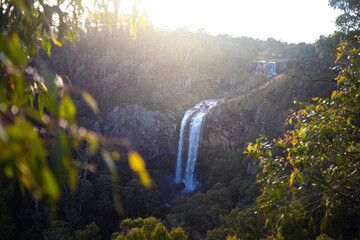 beautiful sunset above famous ebor falls in new south wales, guy fawkes river national park near dorrigo; unique and spectacular double waterfall in australia, halfway between brisbane and sydney