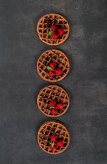 Obraz na płótnie Canvas Vegan small Round chocolate waffles with and raspberries. Dark gray background. Top view