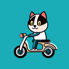 Cat rides a motorcycle, flat cartoon design for cute animals, premium and simple vector art