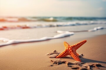 Obraz na płótnie Canvas Starfish on the summer beach. Summer background. Tropical sand beach. Generative AI