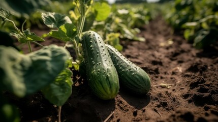 Obraz premium Fresh vegetables from the field, a lot of organic green cucumbers. AI