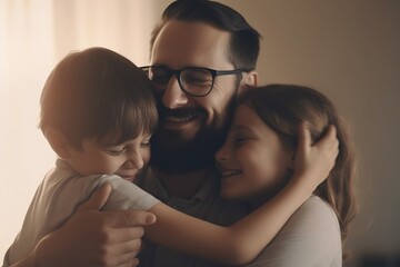 Happy dad getting hugs from his two children for father's day celebration. Generative AI - obrazy, fototapety, plakaty