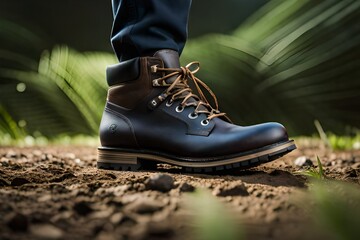 Hiking boots in a rustic setting. Created with generative Ai technology.
