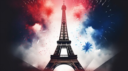 Eiffel Tower with fireworks in the colors of the French flag at night. Bastille Day. Iconic landmark of Paris. Generative AI