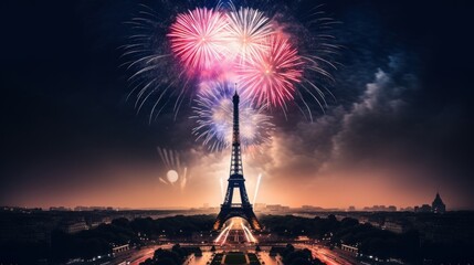 Eiffel Tower with fireworks in the colors of the French flag at night. Bastille Day. Iconic landmark of Paris. Generative AI