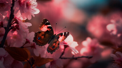 A macro shot of a peaceful spring landscape with pink sakura flowers in full bloom and beautiful butterflies fluttering around. Widescreen wallpaper background. 
