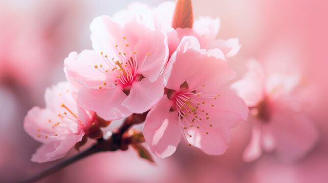 The beauty of spring with a dreamy and romantic image of delicate pink sakura flowers in full bloom. Widescreen wallpaper background. 