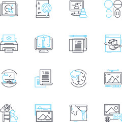 Visual communication agency linear icons set. Design, Branding, Graphics, Advertising, Creativity, Illustration, Marketing line vector and concept signs. Typography,Animation,Digital outline