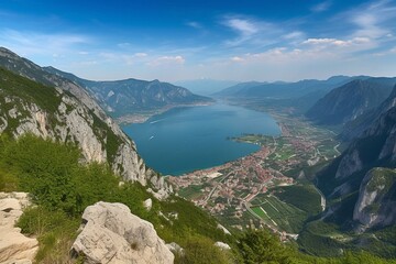 Panoramic view over Torbole, Lago di Garda, Trentino, Italy. Generative AI
