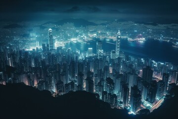 Naklejka premium blue illuminated filter image of city urban night light, Hong Kong skyline infrastructure building in downtown cityscape, aerial landscape view. Generative AI