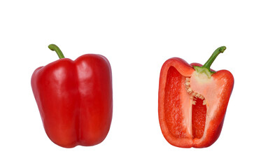 Whole and cut in half red bell pepper isolated cutout on transparent