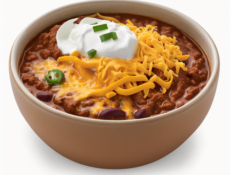 A bowl of chili with cheese and beans