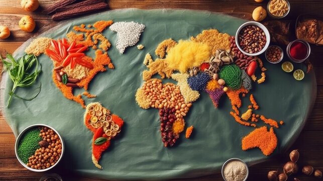 Food from many countries, parts of the world, representing diverse cuisines and cultures. Map world food. Generative AI