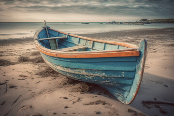 Fototapeta premium Wooden fishing boat on a sandy beach. Fishermans boat or dhow on sand. Boat on sand beach in bright sunlight. 3D realistic illustration. Generative AI