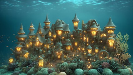 Landscape of an fairytale Art Nouveau style underwater village at the bottom of the ocean - Generative AI Illustration
