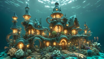 Obraz premium Landscape of an fairytale Art Nouveau style underwater village at the bottom of the ocean - Generative AI Illustration