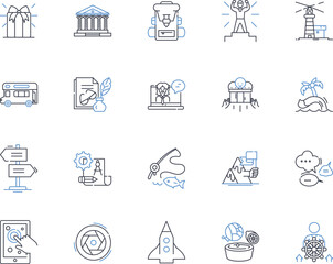 Slow travel line icons collection. Introspection, Mindfulness, Serenity, Tranquility, Contemplation, Relaxation, Exploration vector and linear illustration. Discovery,Curiosity,Connection outline