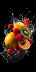 Fototapeta na wymiar Fruit in water splash isolated on black background, Generative Ai