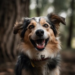 Portrait of happy dog on the background of the forest, Generative Ai