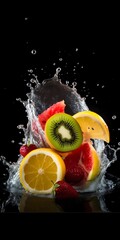Fototapeta na wymiar Fruit in water splash isolated on black background, Generative Ai