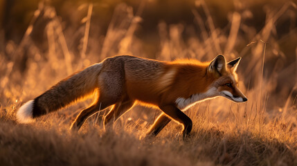 Red fox hunting for prey during the golden hour in a wheat field in the evening, DSLR camera effect, generative AI