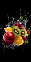 Fototapeta na wymiar Fruit splashing in water on black background. Fresh fruits concept