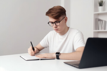 Young man student doing a homework with laptop computer at his side. High quality generative ai