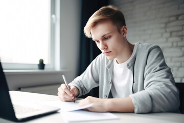 Young man student using laptop computer at home studying online. Distance study, work from home, e-learning or business meeting online. High quality generative ai