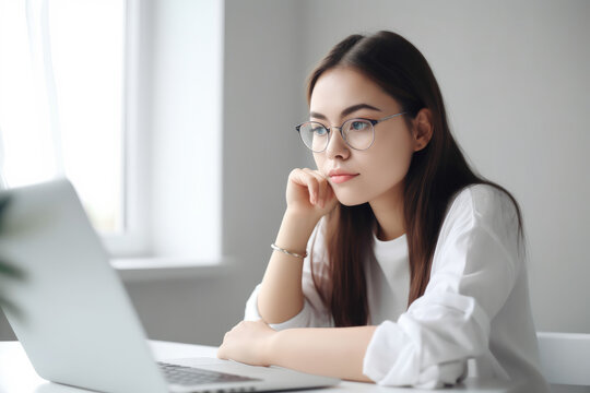 Young woman student using laptop computer at home studying online. Distance study, work from home, e-learning or business meeting online. High quality generative ai