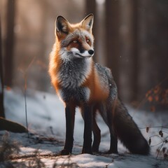 Red fox in winter forest. Beautiful wild animal in nature habitat