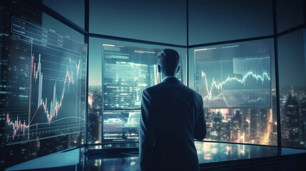 Finance trade manager analysing stock market indicators for best investment strategy, financial data and charts with business buildings in background, futuristic style. Generative ai.
