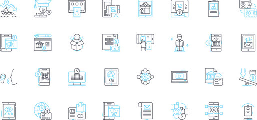 Buy things linear icons set. Purchase, Buy, Shop, Acquire, Obtain, Invest, Procure line vector and concept signs. Get,Own,Grab outline illustrations