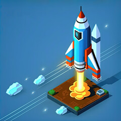 Isometric space rocket launch on blue sky background, Generative AI