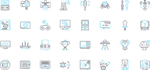 Interactive entertainment industry linear icons set. Gaming, Streaming, Virtual, Augmented, Reality, Immersive, eSports line vector and concept signs. Gamification,Animation,Characters outline