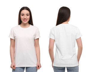 Woman wearing casual t-shirt on white background, mockup for design. Collage with back and front view photos