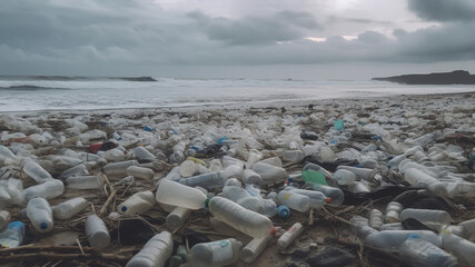 Plastic waste on sea or ocean shore. Global pollution concept. Generative AI