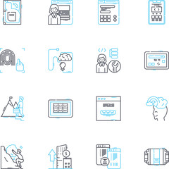 Mobile app linear icons set. User-friendly, Innovative, Reliable, Efficient, Accessible, Responsive, Interactive line vector and concept signs. Seamless,Personalized,Streamlined outline illustrations