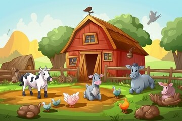 Obraz na płótnie Canvas cartoon scene with farm ranch animal near wooden barn - illustration. Generative AI