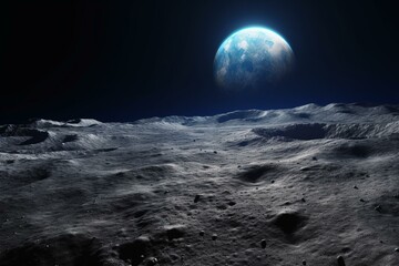 Naklejka na ściany i meble Blue Earth seen from the Moon. 3D illustration. Generative AI