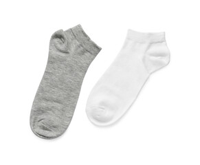 Different socks isolated on white, top view