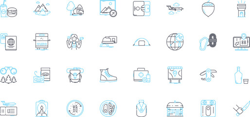 Camping sites linear icons set. Wilderness, Adventure, Glamping, Campfire, Nature, Relaxation, Exploration line vector and concept signs. Bonfire,Outdoors,Rustic outline illustrations
