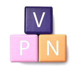 Colorful cubes with acronym VPN on white background, top view