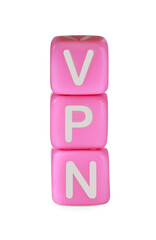 Pale pink beads with acronym VPN on white background