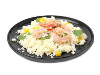 Plate of tasty couscous with shrimps, bell pepper and basil on white background