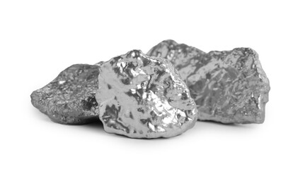Many shiny silver nuggets on white background